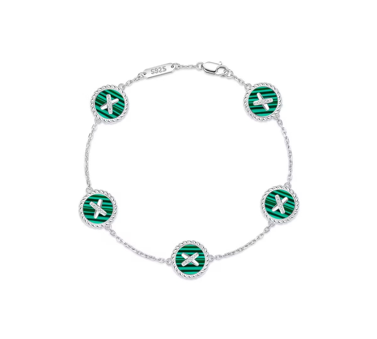 Malachite Cross Badge 925 Silver Five-Flower Bracelet