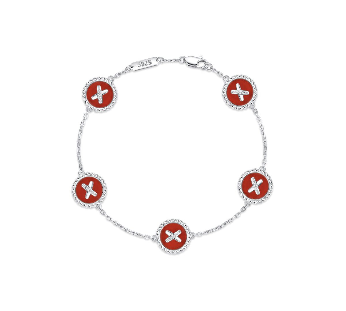 Red Agate Cross Badge 925 Silver Five-Flower Bracelet
