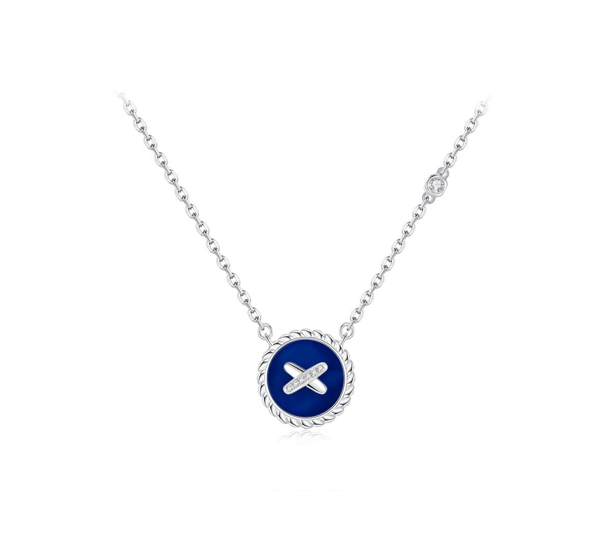 Blue Agate Cross Badge 925 Silver Necklace