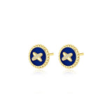 Blue Agate Cross Badge 925 Silver Stud Earrings