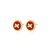 Red Agate Cross Badge 925 Silver Stud Earrings