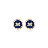 Blue Agate Cross Badge 925 Silver Stud Earrings