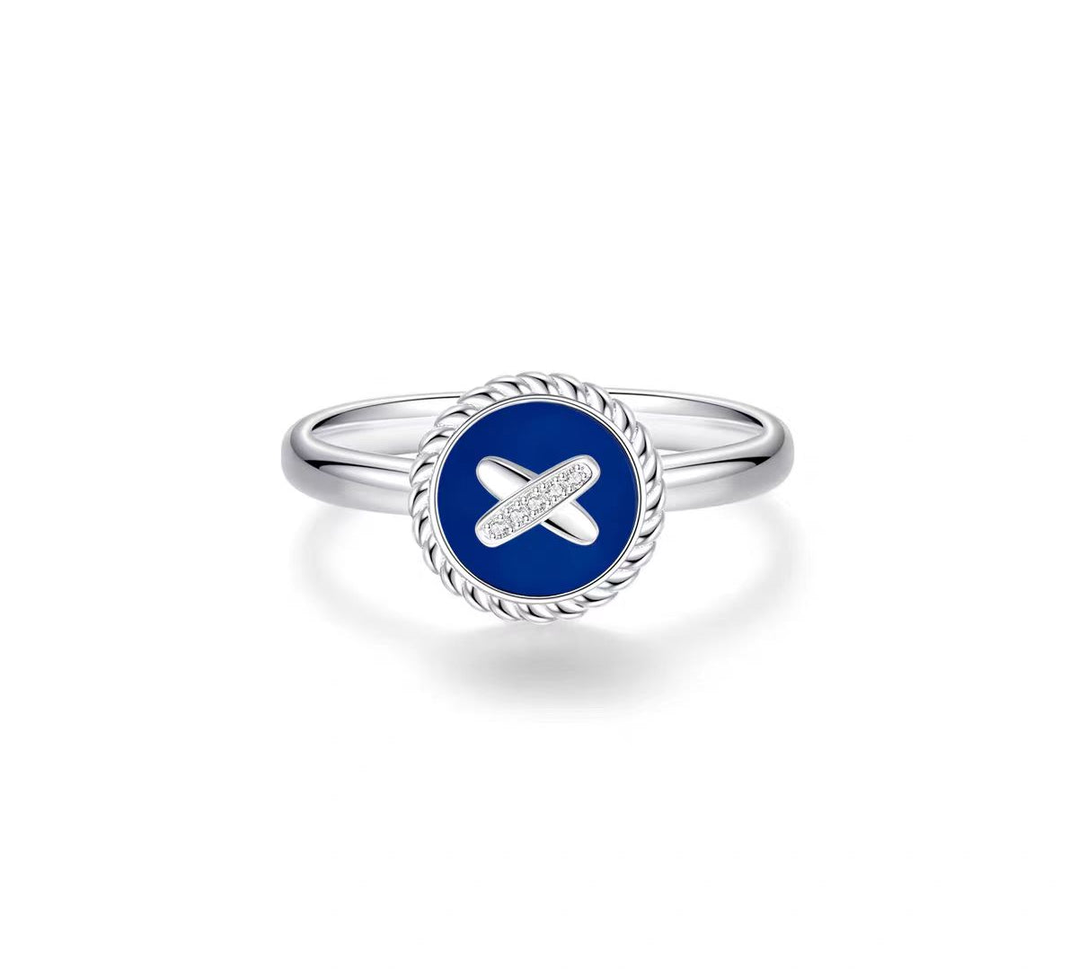 Blue Agate Cross Badge 925 Silver Ring