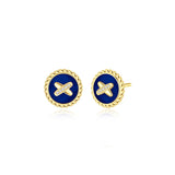 Blue Agate Cross Badge 925 Silver Stud Earrings
