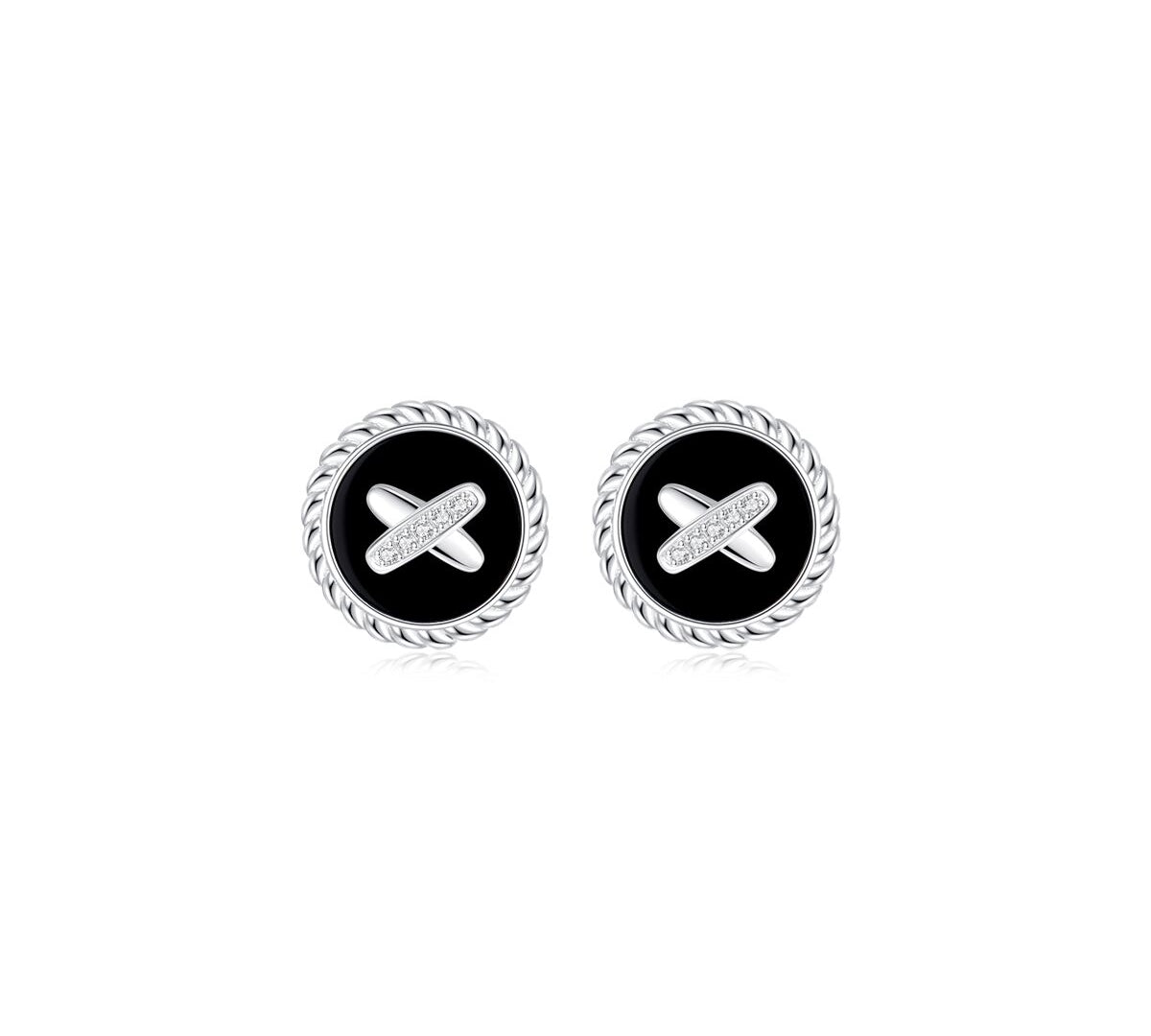 Black Onyx Cross Badge 925 Silver Stud Earrings