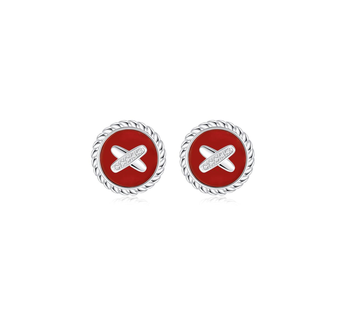Red Agate Cross Badge 925 Silver Stud Earrings